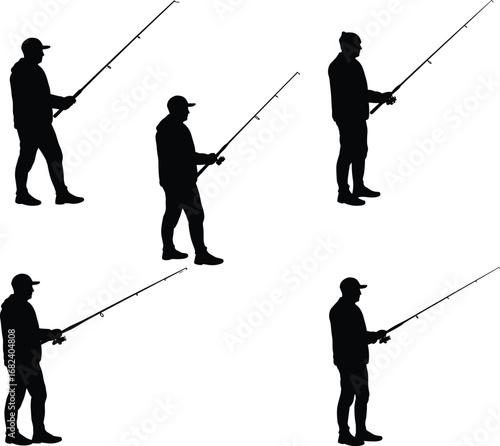 Silhouette fishing people, standing anglers with fishing rods, recreational fishing poses, outdoor hobby, fisherman vector art, black silhouette illustration, fishing sport design, leisure activity