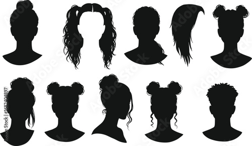 Female hairstyle silhouette vector, women hair style, bun, ponytail, curly hair, twin buns, fashion haircut, beauty salon design