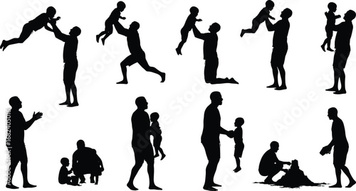 Father and child silhouette, family love, parenting, bonding, playtime, fatherhood, happy childhood, beach play, dad with son, togetherness illustration