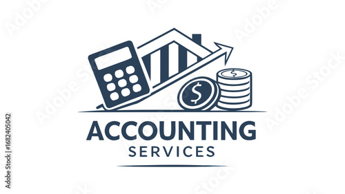 Accounting service logo design with money, calculator, and graph increasing
