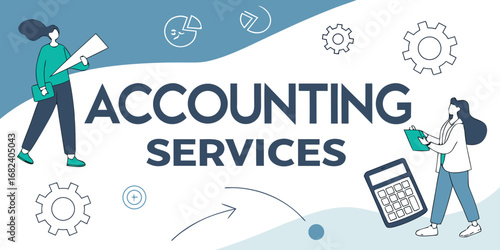 Accounting service concept with financial people and related element icons.