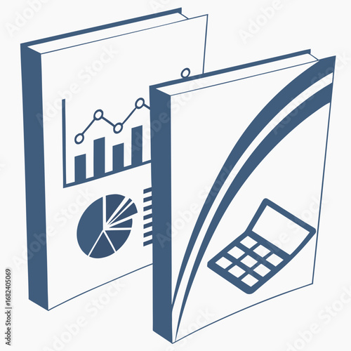 Business documents, accounting and statistics theme books with graphic design on white background
