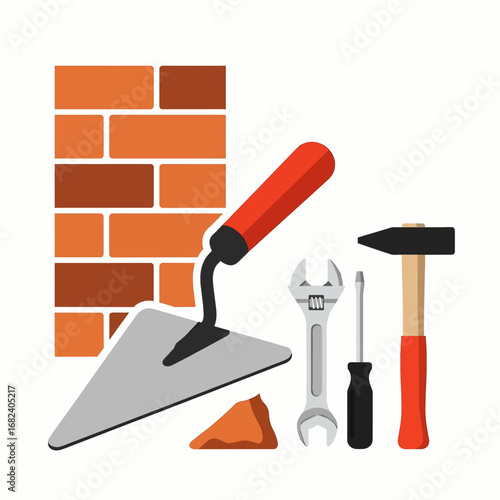 Bricklaying trowel and wall  Minimal Flat Vector Illustration for real estate, home, construction, templates, and brandless design