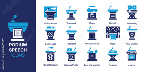 Podium Speech icon set. Containing podium, speech, conference, presentation, and more. Solid vector icons collection. Vector illustration.