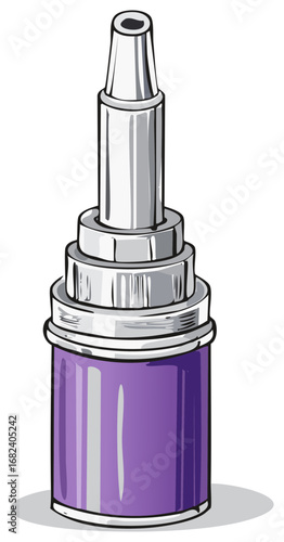 Hand drawn cartoon illustration of a purple bottle with a silver tiered nozzle applicator