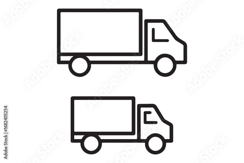 Simple black silhouette of a delivery truck with a cargo box on a white background