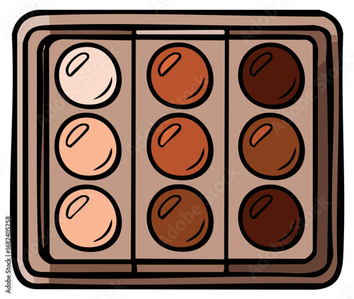 Nine round makeup foundations in a palette with varying skin tones