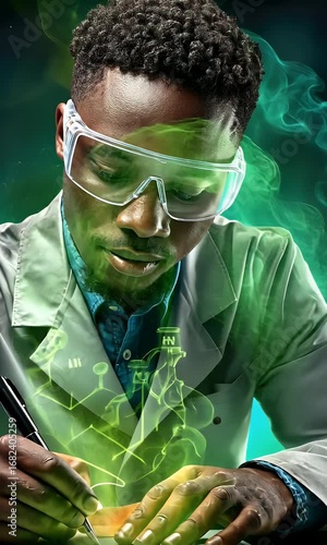 Focused scientist recording notes in futuristic laboratory