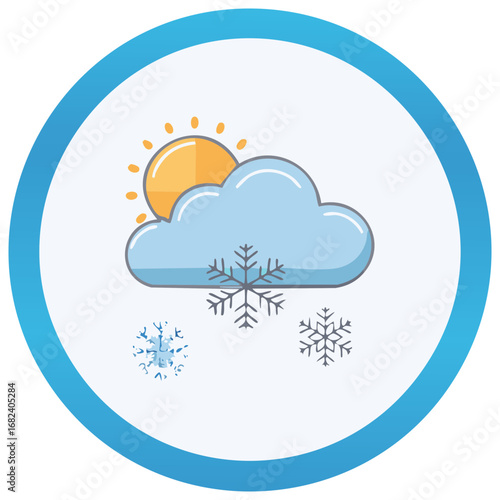 Weather icon illustration of the sun behind cloud with falling snow on white background
