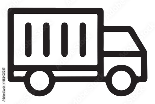 Simple black silhouette of a delivery truck with a cargo box on a white background