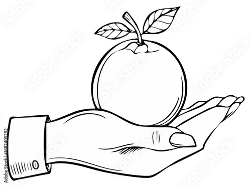 Line art illustration of a hand in a shirt cuff holding a fresh apple
