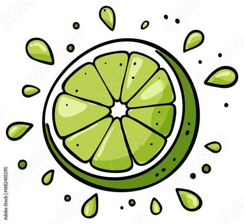 Cartoon illustration of a lime slice with juice drops and dots
