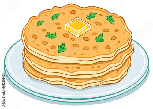 Cartoon pancake stack on plate with butter and parsley toppings - breakfast food drawing