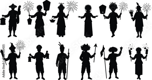 Festival silhouette, cultural celebration, traditional costume, firework party, lantern light, heritage event, parade performance, folk dance, celebration night, festive art