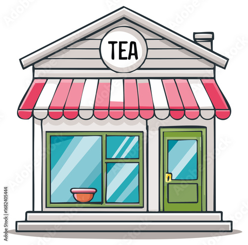 Charming cartoon tea shop building with striped awning and a sign.