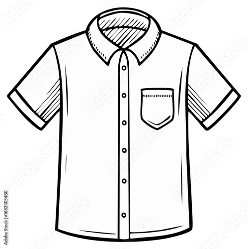 Sketch illustration of a buttoned shirt with short sleeves and a chest pocket, outlined in black ink