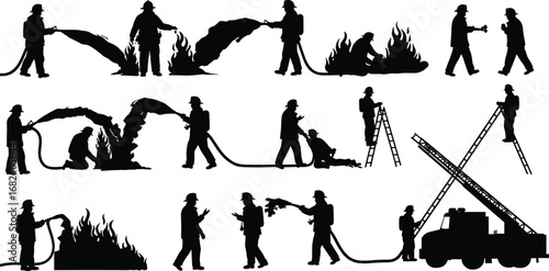 Firefighter silhouette vector, fireman action, fire hose, rescue ladder, fire truck, burning flames, emergency service, safety, protection, hero