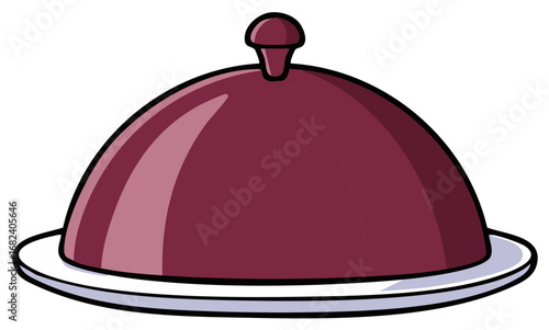 Cloche Food Cover on a Plate, Cartoon Illustration. Serving Dish with Lid for Catering Services