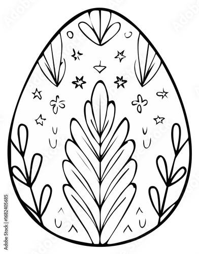 Decorative Easter Egg Outline Illustration with Floral and Star Patterns for Coloring Pages