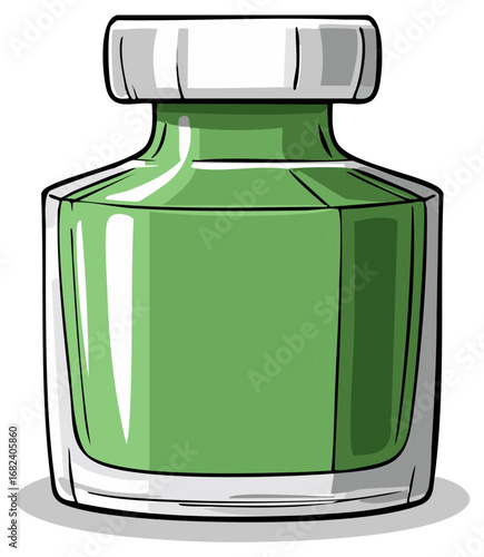 Simple graphic illustration of a glass inkwell or potion bottle filled with green liquid