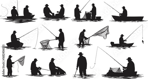 Fishing silhouette, fisherman illustration, fishing net, fishing rod, boat fishing, lake fishing, river fishing, outdoor adventure, fishing activity, sport