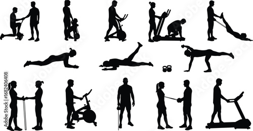 Fitness silhouette, gym workout, personal training, exercise equipment, cardio training, strength exercise, treadmill run, spinning bike, resistance band, healthy lifestyle