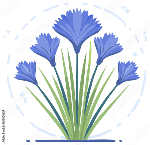 Graphic blue cornflower bouquet with green blades in a simple vector design against a white background for spring concepts