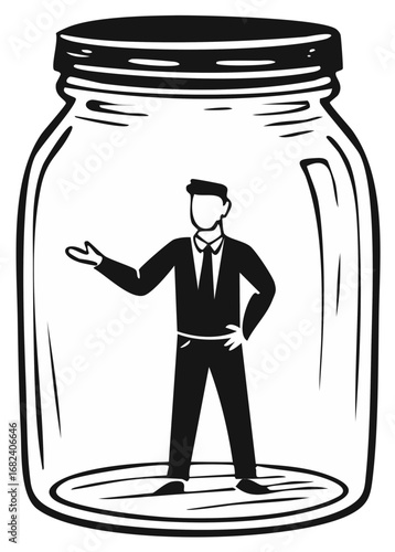 Business professional in a suit standing and gesturing inside a clear glass jar