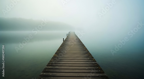 wooden pier in fog