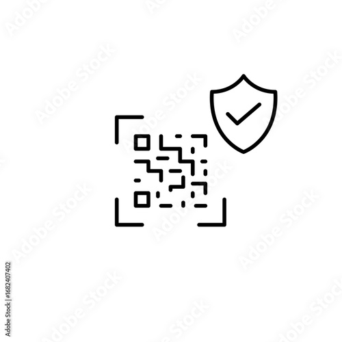 Verified QR scan, trusted code authentication, secure scanning process, approved digital access. Scan, shield and checkmark. Pixel perfect, editable stroke vector icon