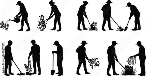 Gardening silhouette vector, people planting trees, watering plants, trimming bushes, digging soil, farm work, agriculture, gardener tools, nature care illustration