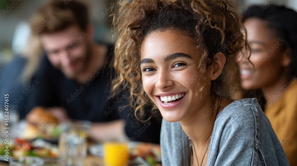 Obraz premium Joyful Dining: A cheerful young woman radiating happiness at a social gathering with friends, fostering warmth and camaraderie in a comfortable setting.