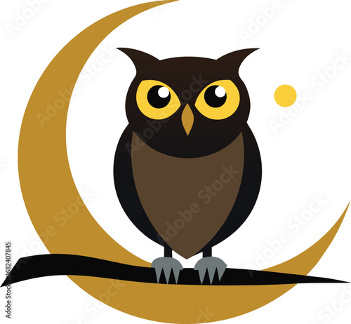 Owl perched on crooked branch crescent moon
