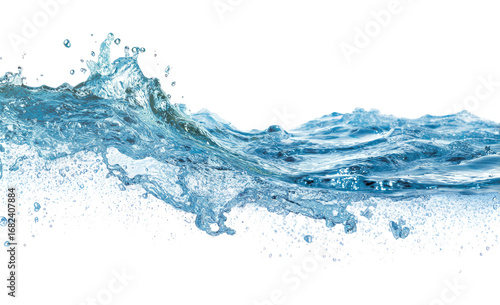 A dynamic water wave, detailed in a light blue tone, spilling over a dark background