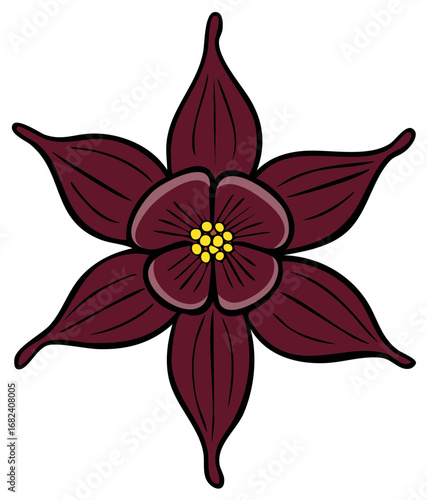 Illustration of a stylized maroon Trillium flower with yellow pollen and black outlines