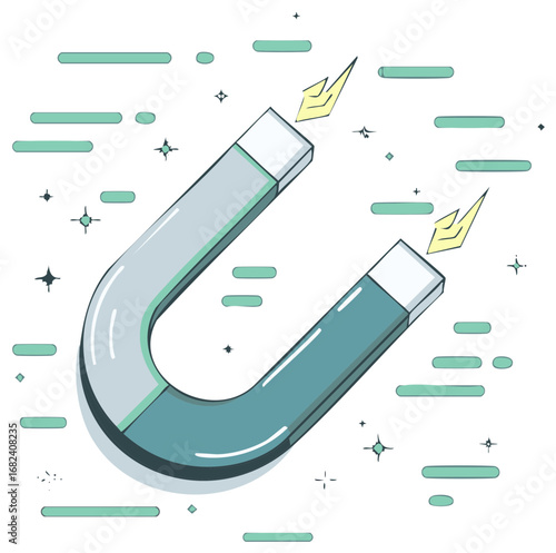 U-shaped magnet with magnetic field vector illustration, attracting elements