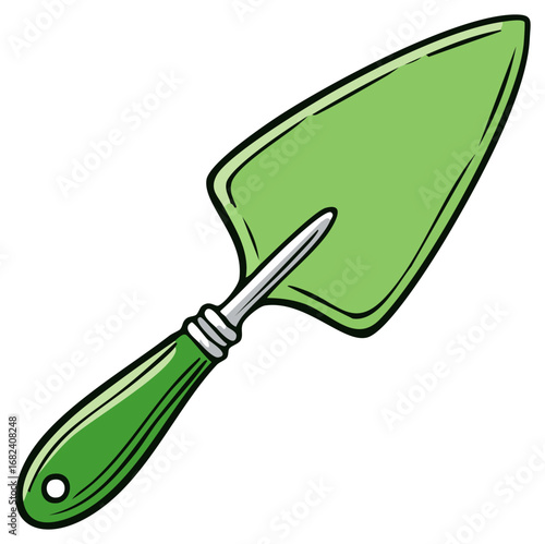 Cartoon illustration of a green garden trowel isolated on white background