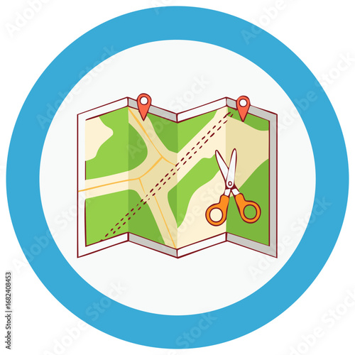 Conceptual illustration of map route alteration with scissors and destination pins