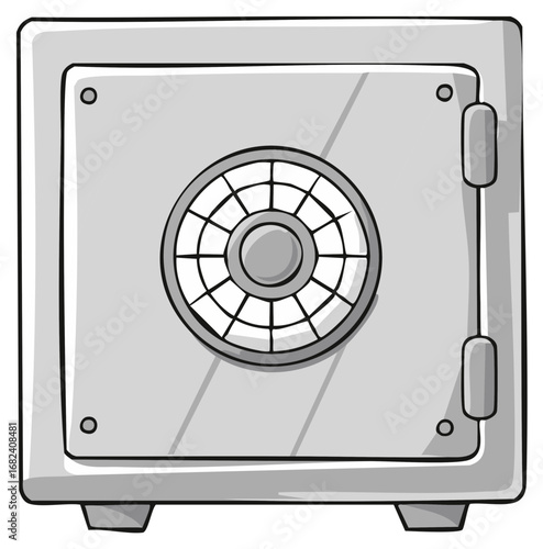 Cartoon illustration of a closed steel safe with a combination lock