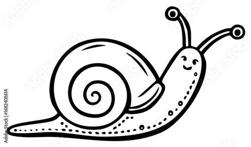 Friendly cartoon snail with shell and eye stalks on a white background