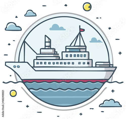 Cartoon style depiction of a ship navigating the ocean under the moonlight amidst scattered clouds and floating elements