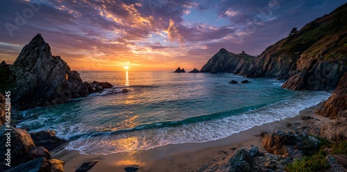 Serene Coastal Sunset: Dramatic Cliffs Embrace a Turquoise Bay
