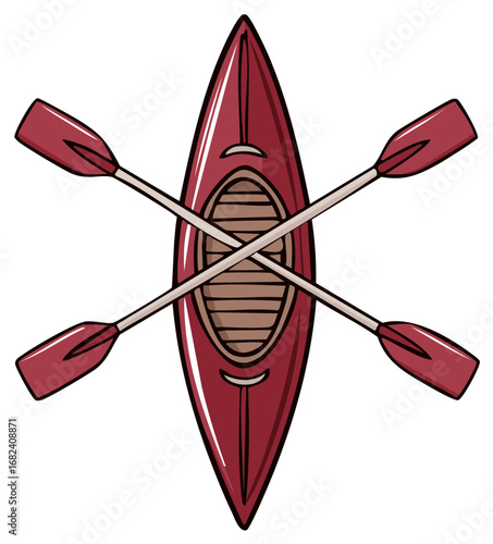 Red kayak illustration with crossed paddles, water sport, activity, recreation, design