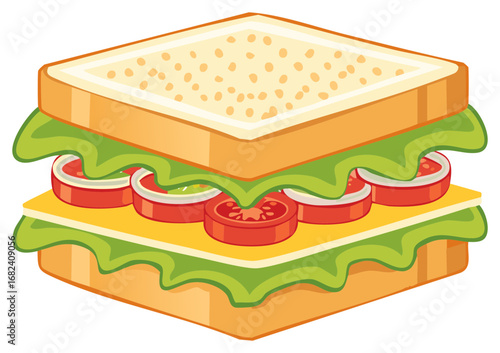 Isometric sandwich illustration with tomatoes, cheese and lettuce between bread slices