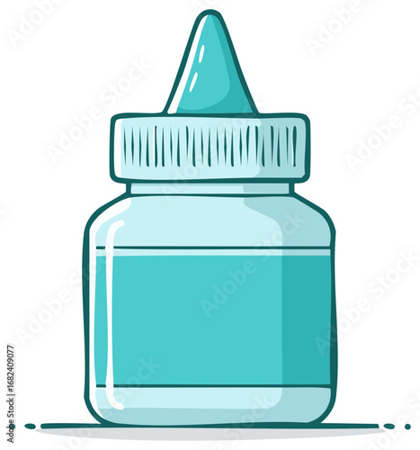 Cartoon illustration of a blue medical bottle with a pointed applicator tip for liquid medicine or eye drops