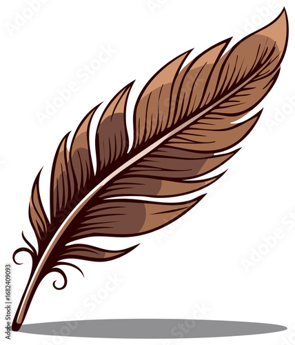 Ornate brown writing quill feather illustration with a classic vintage design