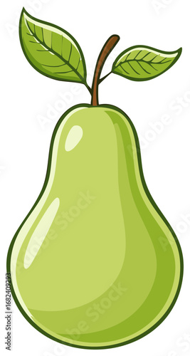 Green pear fruit with stem and leaves illustration