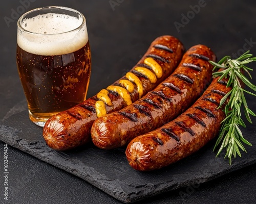 Sausage accompanied by mustard and a refreshing beer. Pair of frankfurter condiment lager cold beverage tasty delicious meal lunch dinner snack treat gourmet cuisine savory
