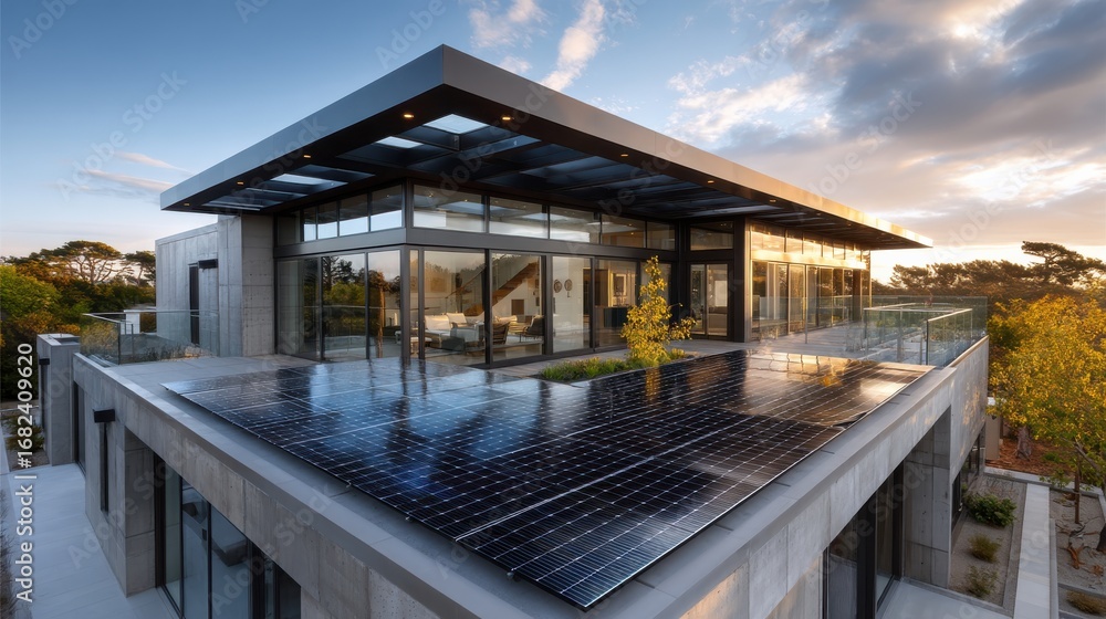 Obraz premium Modern Architectural Marvel: The sleek lines and contemporary design of a cutting-edge building, featuring expansive glass windows, and a roof covered in solar panels.