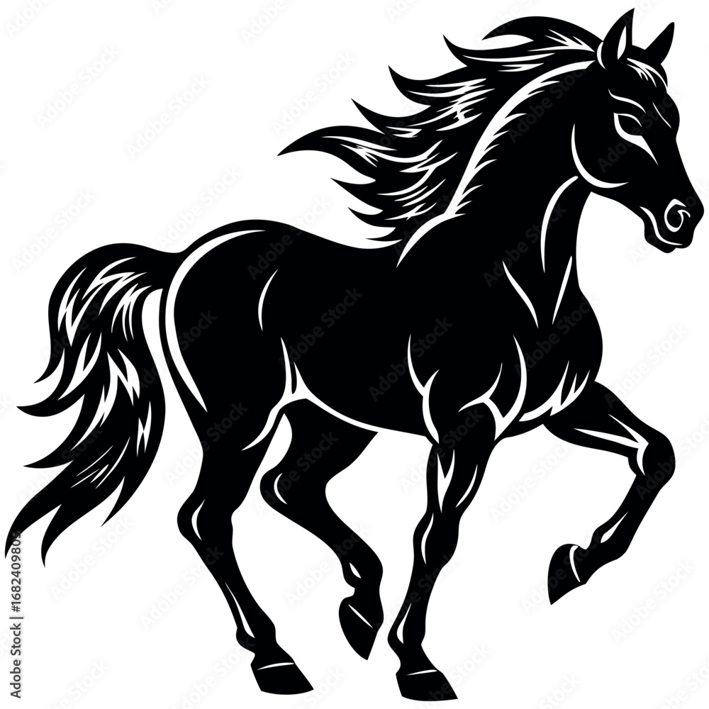 Obraz premium A black horse is prancing with its mane flowing
